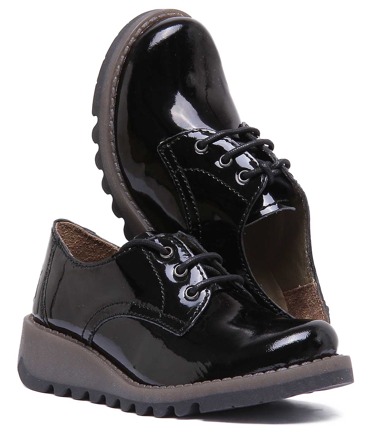 Fly London Simb K Lace Up Leather Shoes In Black Patent For Kids - Image 5